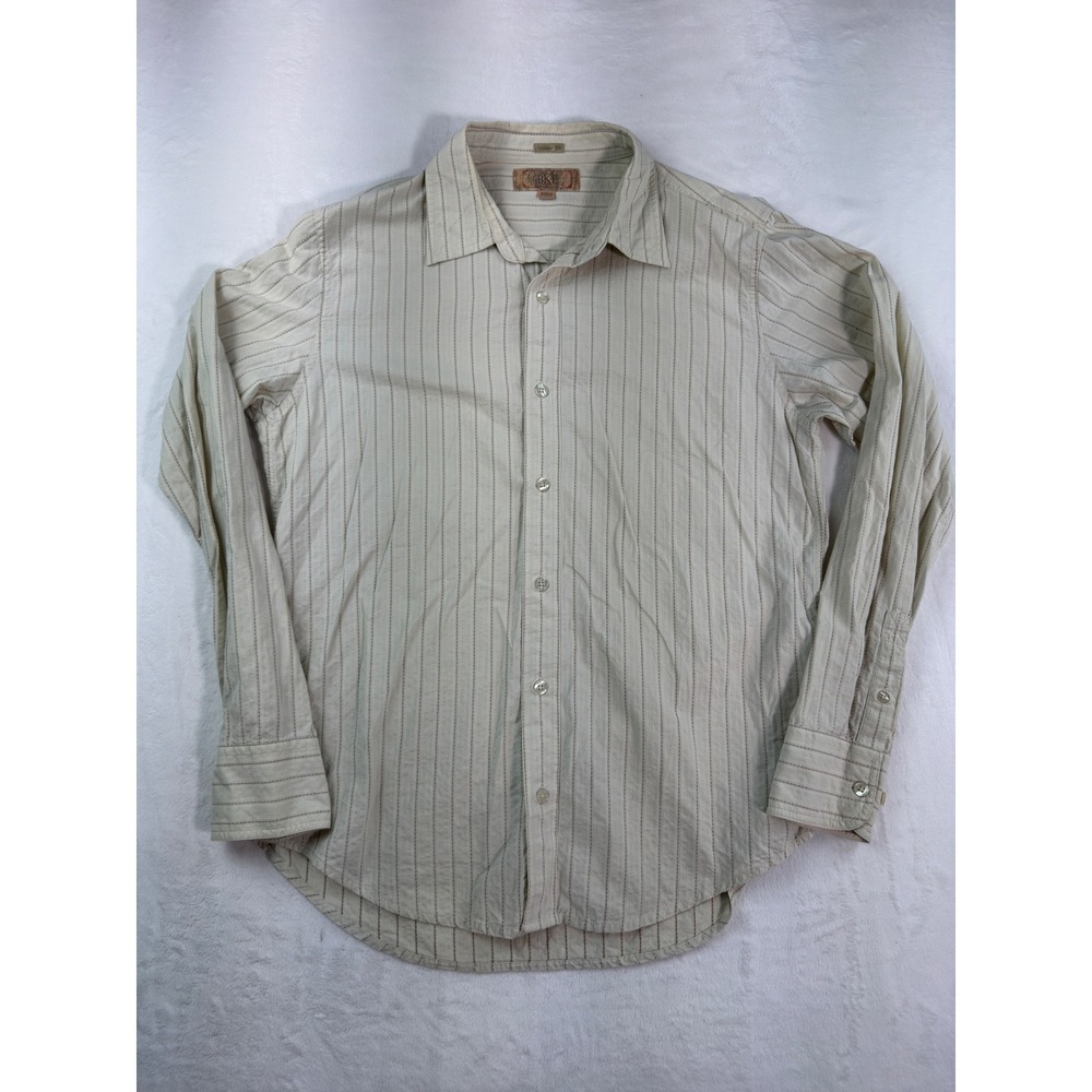 BKE Mens Contour Fit Button Down Shirt Large Cream Brown Striped Long Sleeve
